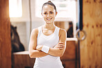 Portrait of happy athlete, gym woman and personal trainer coach with motivation for sports training, fitness and wellness exercise. Ready, smile and proud healthy workout, strong body and lifestyle