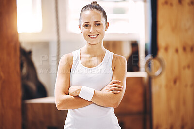 Portrait of happy athlete, gym woman and personal trainer coach with motivation for sports training, fitness and wellness exercise. Ready, smile and proud healthy workout, strong body and lifestyle