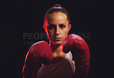 Buy stock photo Boxing feminist, fitness and sport with strong woman wearing boxing gloves for mma fight, fitness and empower with black background. Fit boxer female and champion attitude for self defense and power