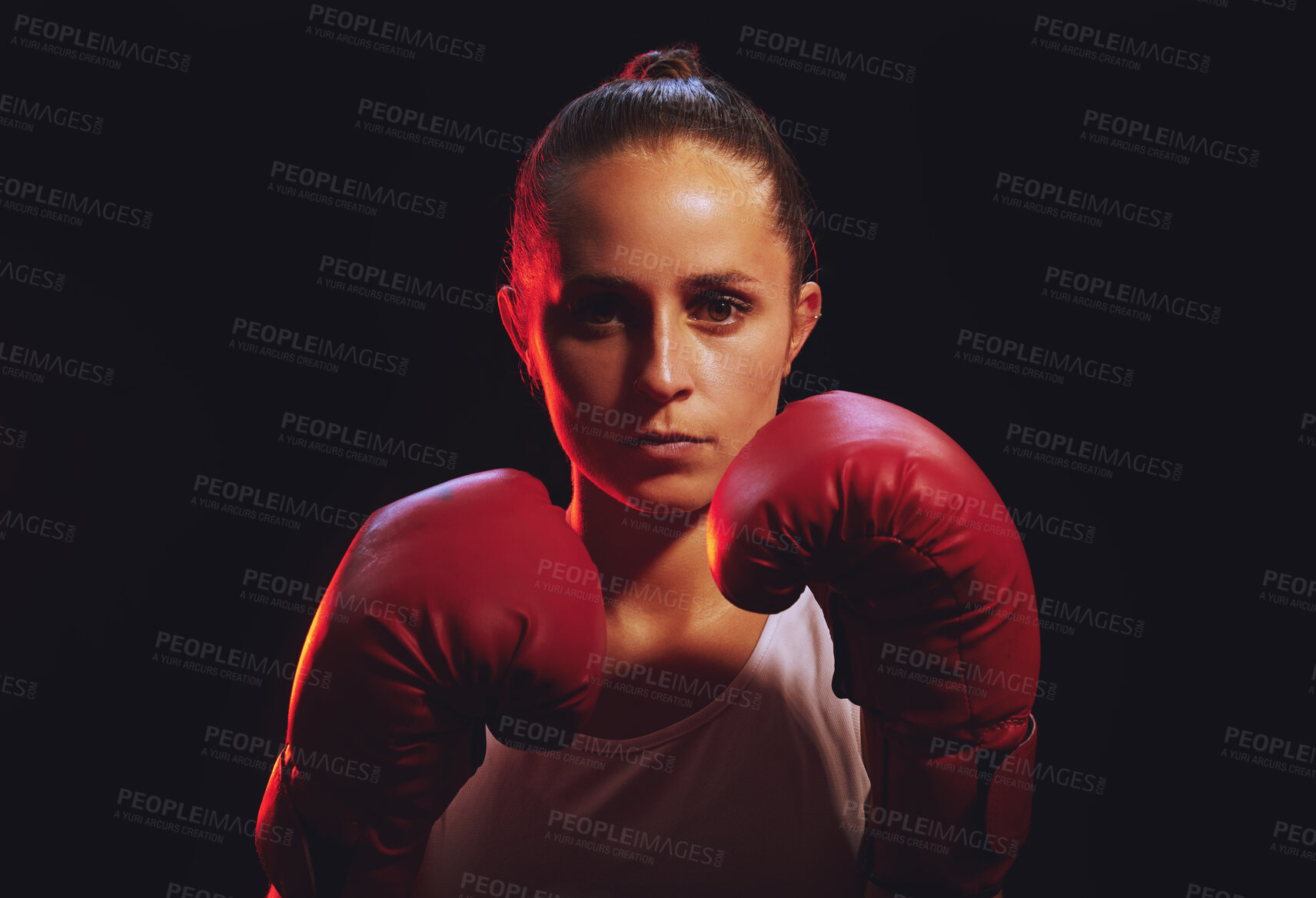 Buy stock photo Boxing feminist, fitness and sport with strong woman wearing boxing gloves for mma fight, fitness and empower with black background. Fit boxer female and champion attitude for self defense and power