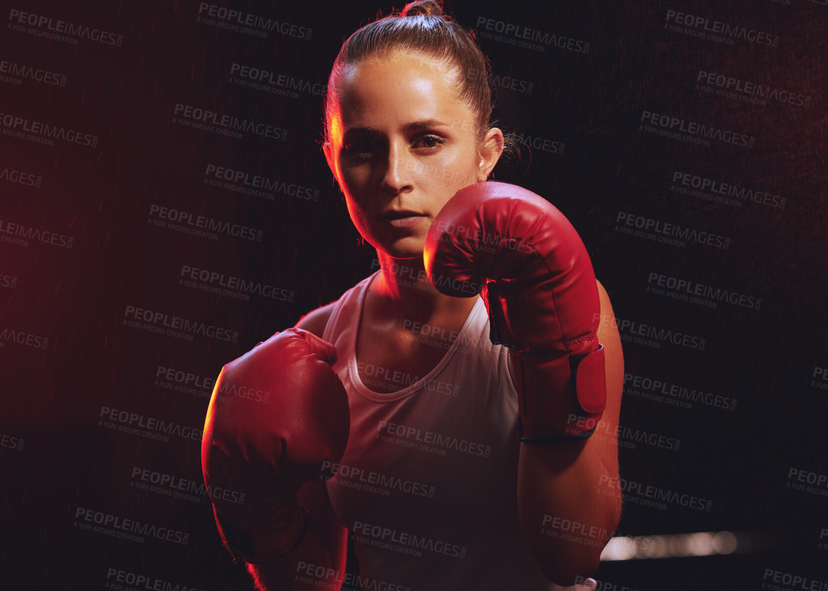 Buy stock photo Fitness, boxer and woman in sports boxing gloves training, exercise and fighting to be a young champion fighter in the ring. Portrait, energy and strong girl with courage to power punch motivation