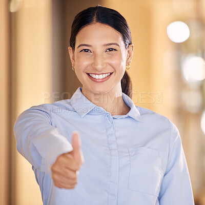 Buy stock photo Thumbs up hand sign for success, employee motivation and excited business woman in an office at work. Portrait of a happy, smile and professional corporate manager, boss or worker at startup company