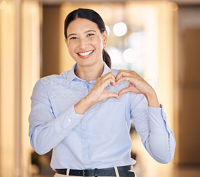 Buy stock photo Business woman with emoji love and heart sign or hand in portrait with a smile and bokeh. Professional corporate person or happy employee with positive, care and trust hands icon for career happiness
