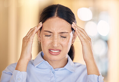 Buy stock photo Stress, burnout and headache business woman working with mental health, depression and anxiety in office. Corporate female employee or worker with a migraine and is depressed and frustrated.