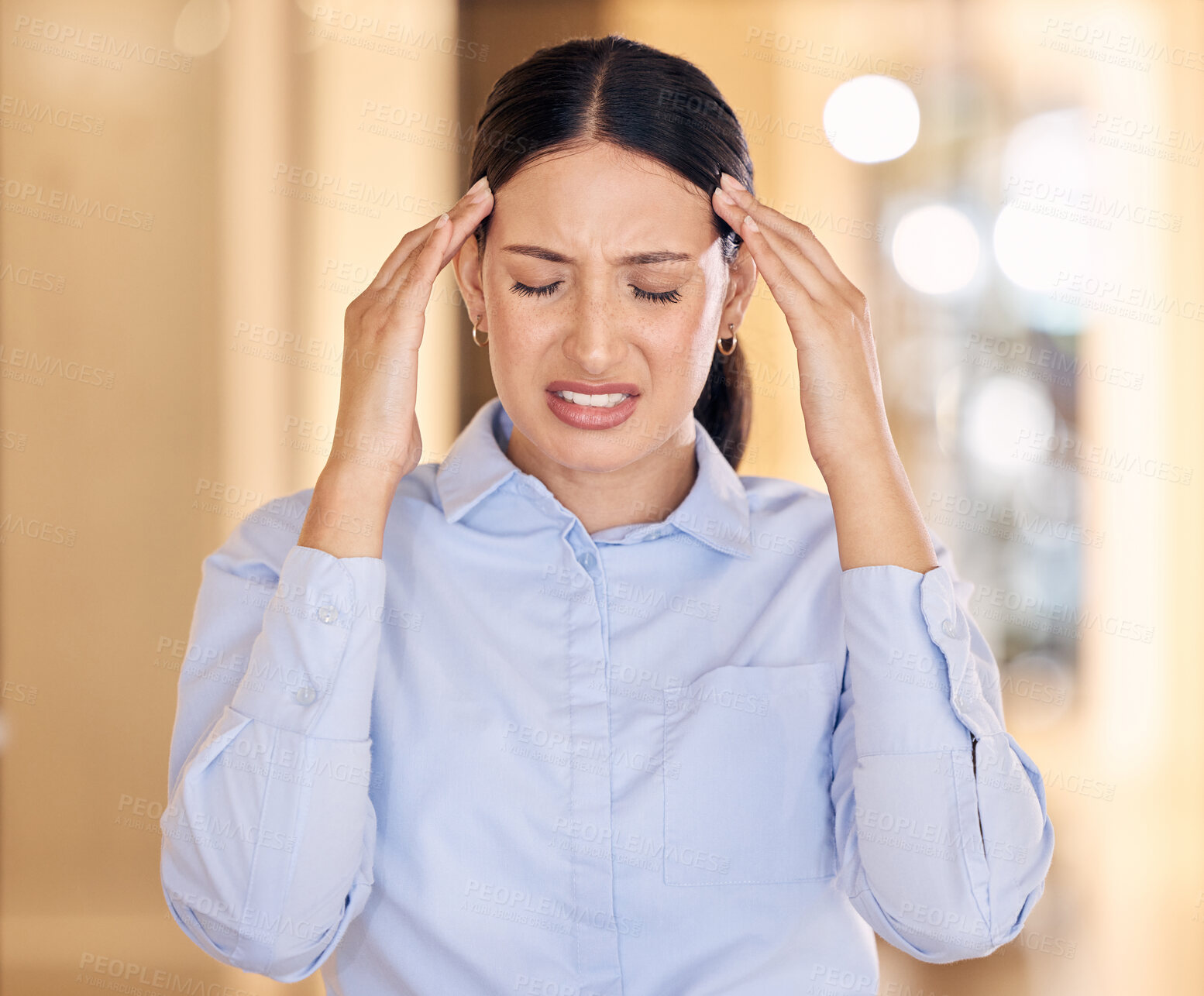 Buy stock photo Stress, worry and anxiety woman with headache pain, mental health problem and burnout from pressure, deadlines and crisis. Tired, sick and frustrated worker angry with debt risk, job fail and mistake