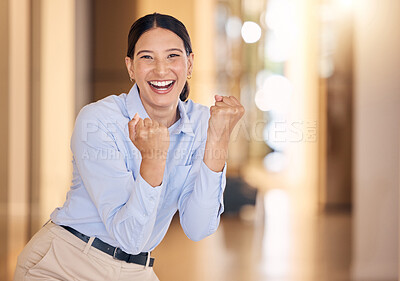 Buy stock photo Business woman cheering with fist for success, winning and bonus achievement in startup agency. Portrait of happy, lucky and excited sales worker for celebration deal, trading motivation and joy