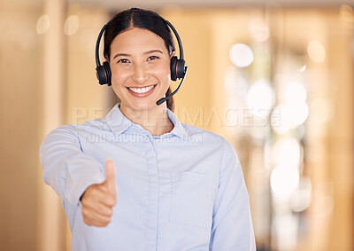 Buy stock photo Woman thumbs up of crm, customer support and telemarketing agent. Success, achievement and support yes hand sign of a happy internet call center employee with headset ready for tech help consulting
