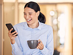 Phone, coffee or communication with a business woman networking on social media with a smile while on a break in the office. Contact us with 5g mobile technology on the internet with a happy employee