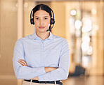 Call agent, woman and portrait of frown with arms crossed and unhappy face expression at job. Consultant and customer service worker in disappointed, upset or frustrated mood with workplace.