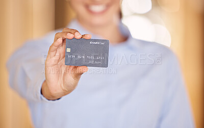 Buy stock photo Shopping, bank and credit card business woman doing online shopping, payment and purchase via internet banking. Money, ecommerce and finance purchasing customer holding debit card on digital store