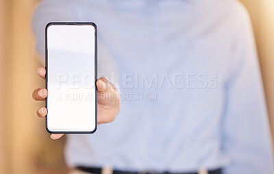 Buy stock photo Marketing, advertising and digital phone mockup in the hands of a user for branding, message or text. Hand showing mobile device for copy paste, test apps or software UI display or screen design.