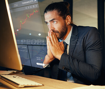 Buy stock photo Business man, stock market or money investment while waiting for the price to rise. Economy, fintech and wealth of rich entrepreneur and growth of cash, crypto or stocks or bitcoin, bonds or trading

