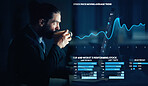 Businessman drink coffee with hologram stock market data analytics to trade in future tech business economy. Futuristic technology company investment trader invest or trading with corporate finance