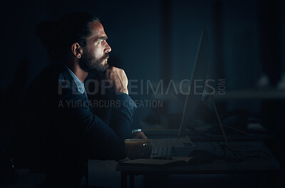 Buy stock photo Digital programmer, cyber security and programmer with computer thinking and planning of web design at night. Engineer, developer and man working on ux seo software, database coding and programming