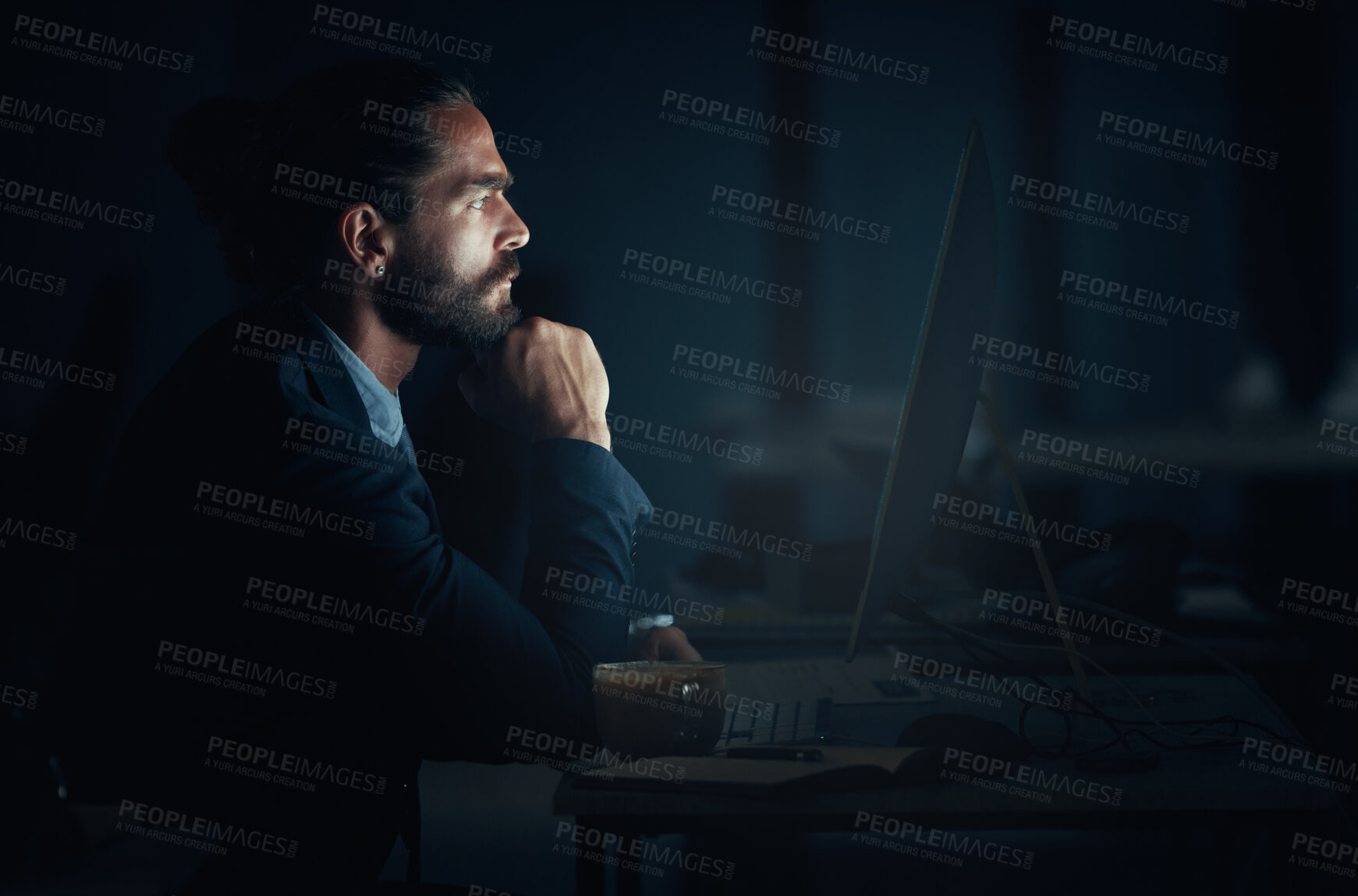 Buy stock photo Digital programmer, cyber security and programmer with computer thinking and planning of web design at night. Engineer, developer and man working on ux seo software, database coding and programming