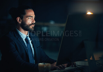Buy stock photo Cyber security man, digital programmer or computer for thinking web design engineer working on ux seo software or database coding. Developer with motivation or innovation programming on tech at night