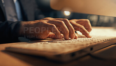 Buy stock photo Hacker, web developer or software designer typing on computer keyboard for research, coding or programming. Closeup hands of a man internet browsing while working late night on cyber security code
