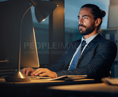 Buy stock photo Working, typing and computer research of a seo and cryptocurrency technology developer working late. Web development of a fintech software worker planning iot and erp digital transformation at night