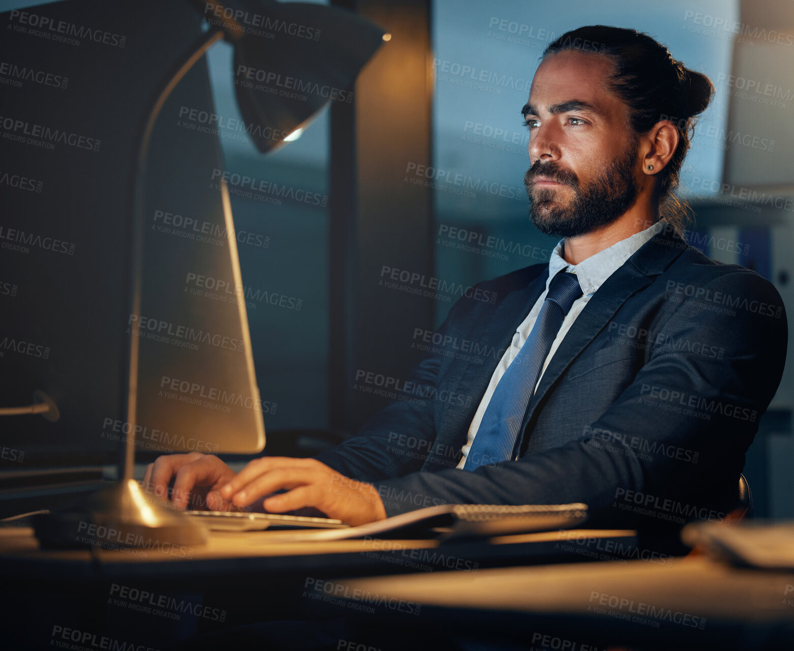 Buy stock photo Working, typing and computer research of a seo and cryptocurrency technology developer working late. Web development of a fintech software worker planning iot and erp digital transformation at night