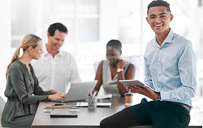 Buy stock photo Portrait of a happy businessman smile with a tablet in a team planning meeting at work. An employee in an office with his team as they discuss strategy or plans, and strategies in a corporate office