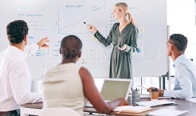 Buy stock photo Business people in finance meeting at work, in discussion about data and charts and company growth for future in a boardroom at work. Corporate worker and employee doing financial presentation 