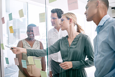 Buy stock photo Corporate, sticky notes and business people planning a team mission, project or growth of business plan. Diversity, collaboration and creative employees having a strategy, idea and solution meeting.