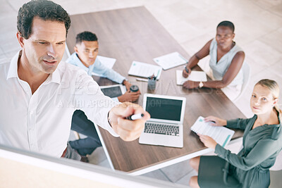 Buy stock photo Teamwork, collaboration and business mean leading a presentation in a meeting with creative team in an office. Corporate employee sharing vision and goal, brainstorming strategy with diverse group