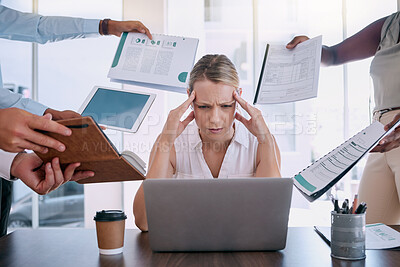 Buy stock photo Work stress, headache and burnout mindset of a business woman working at a office computer. Corporate tax employee worried about mental health from job report, contract and compliance data overload