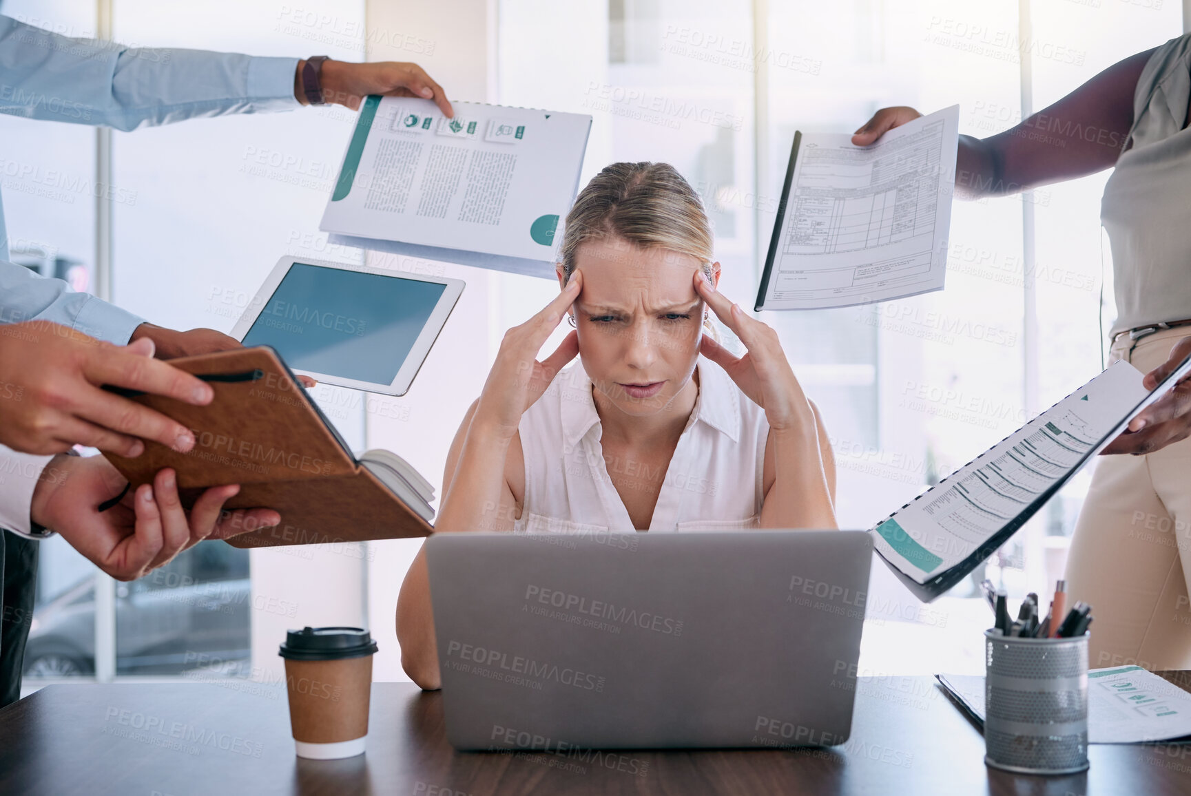 Buy stock photo Work stress, headache and burnout mindset of a business woman working at a office computer. Corporate tax employee worried about mental health from job report, contract and compliance data overload