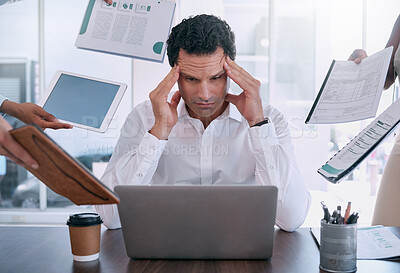 Buy stock photo Stress, headache and burnout mindset of a business man working on laptop in office. Tax manager, leader or employee with mental health from job contract, compliance and report.
