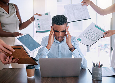 Buy stock photo Business man tired from workload, management of time schedule project priority and employee burnout. Anxiety depression headache, company mental health care awareness and coworkers proposal deadline
