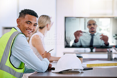 Buy stock photo Construction worker, engineer and virtual video conference or webinar in office with a man looking happy in seminar, training and meeting with client online. Portrait of contractor ready for project