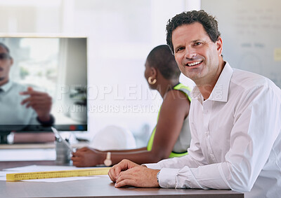 Buy stock photo Architect, engineer and man in virtual video call meeting, and office boardroom for online seminar, workshop and business planning. Portrait of mature, happy and smile designer in design team webinar