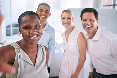 Buy stock photo Selfie, diversity and happy business people looking happy together in a startup office. Casual workplace and employees engagement with teamwork and healthy staff in in a positive work environment