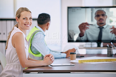 Buy stock photo Architect, engineer and woman in virtual video call meeting in office boardroom for remote seminar, workshop and business planning. Portrait of mature, happy and smile manager connect to team webinar