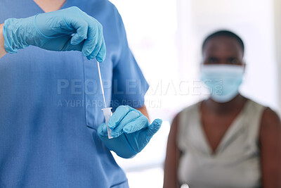 Buy stock photo Covid, consulting and test with doctor, nurse and patient with cotton swab in medical healthcare hospital or clinic. Pandemic, vaccine health and safety with medicine lab exam and check results