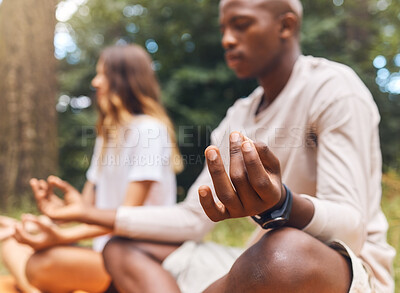 Buy stock photo Nature meditation, yoga and couple zen in a eco forest or relax health mind training for energy wellness or peace. Interracial man or woman on in sustainability wood trees for  mental health exercise