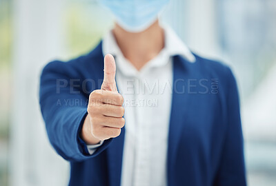 Buy stock photo Covid, face mask and thumbs up business person in agreement with social distance proposal policy. Health safety regulation support and good news for corporate company virus protection at work.