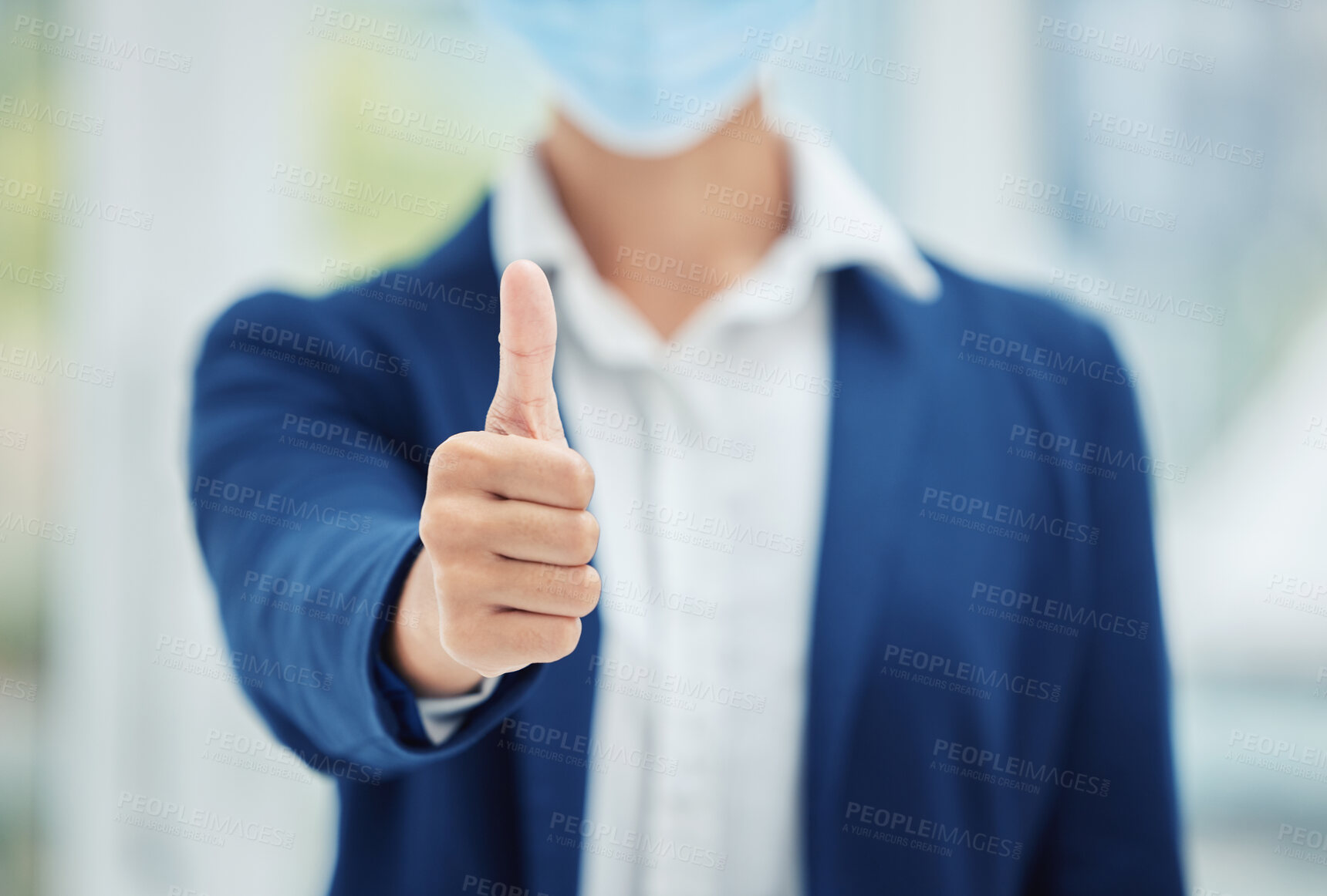 Buy stock photo Covid, face mask and thumbs up business person in agreement with social distance proposal policy. Health safety regulation support and good news for corporate company virus protection at work.