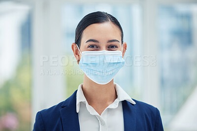 Buy stock photo Compliance, face medical mask and covid rules at work with a business woman in corporate office. Portrait of a female worker practice social distancing at workplace, regulations and hygiene 