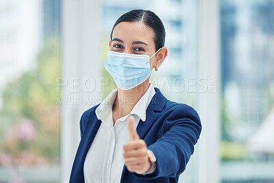 Buy stock photo Face mask, covid compliance or thumbs up woman portrait with strategy, vision or wellness goal to stop global virus. Businesswoman, employee or corporate worker with trust vote or support for vaccine
