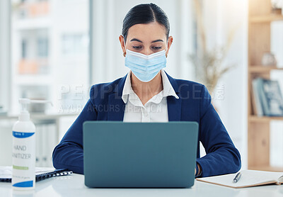 Buy stock photo Face mask, covid and business woman with laptop in safety, security and strategy to stop global virus in office. Employee and compliance worker against bacteria spread at company desk with technology