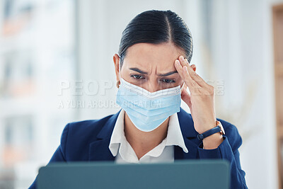 Buy stock photo Headache pain from covid, tired and burnout business woman working on laptop with mask, stress about work problem and mistake. Manager, employee and worker with migraine, thinking and frustrated