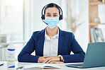 Compliance, face mask and covid regulations at a call center by woman working in customer service on a laptop. Portrait of a happy online operator, health and safety awareness and social distancing  