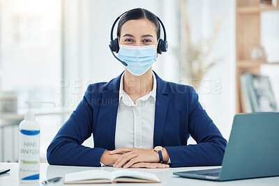 Buy stock photo Compliance, face mask and covid regulations at a call center by woman working in customer service on a laptop. Portrait of a happy online operator, health and safety awareness and social distancing  