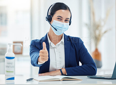 Buy stock photo Covid, call center and customer support with a woman giving thumbs up while consulting and telemarketing with a headset to help, service and give advice. Contact us, crm and yes with a young female