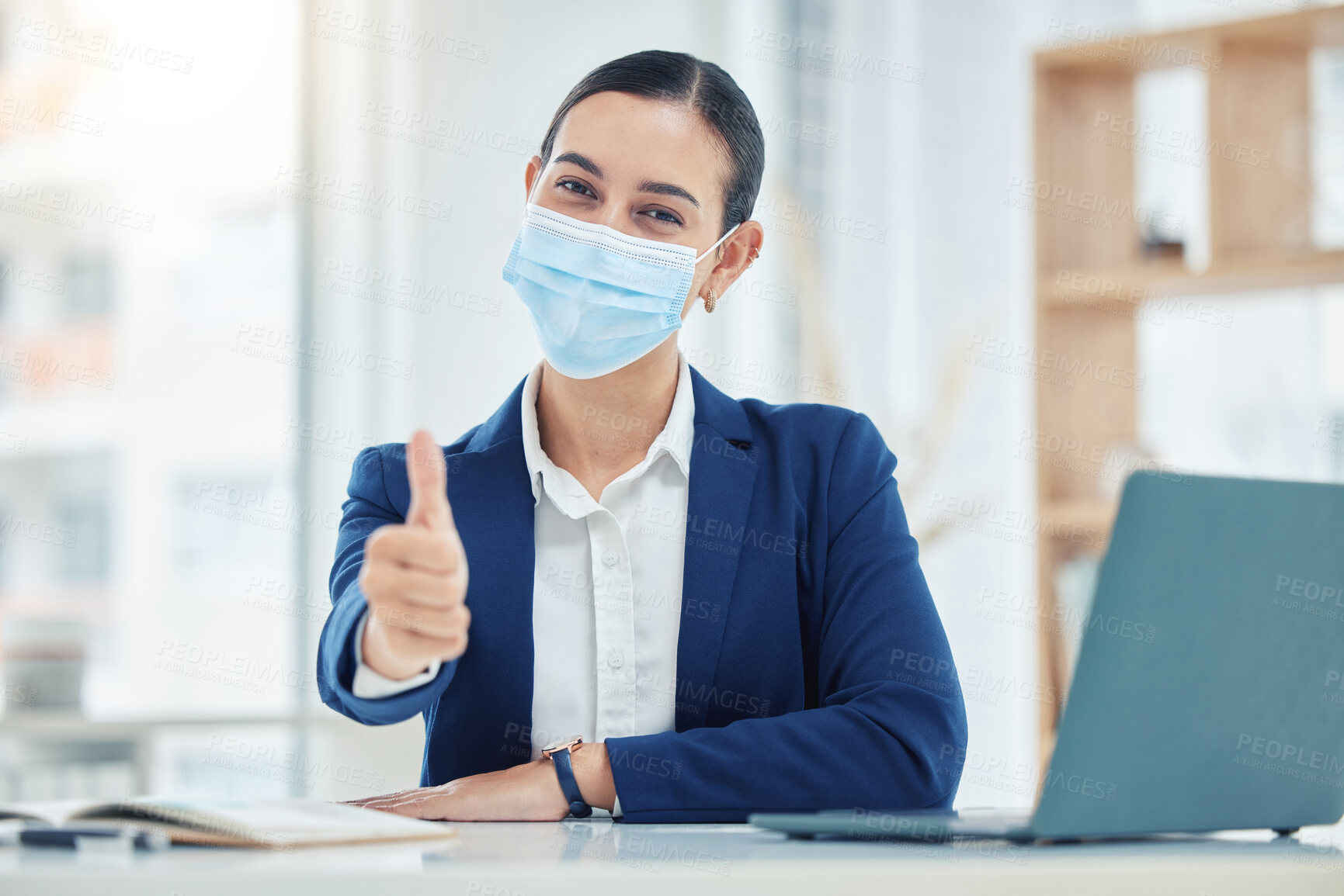 Buy stock photo Thumbs up, mask portrait and Covid safety business woman with face protection for serious illness. Corporate virus policy  procedure for good health, hygiene and satisfaction of employees.