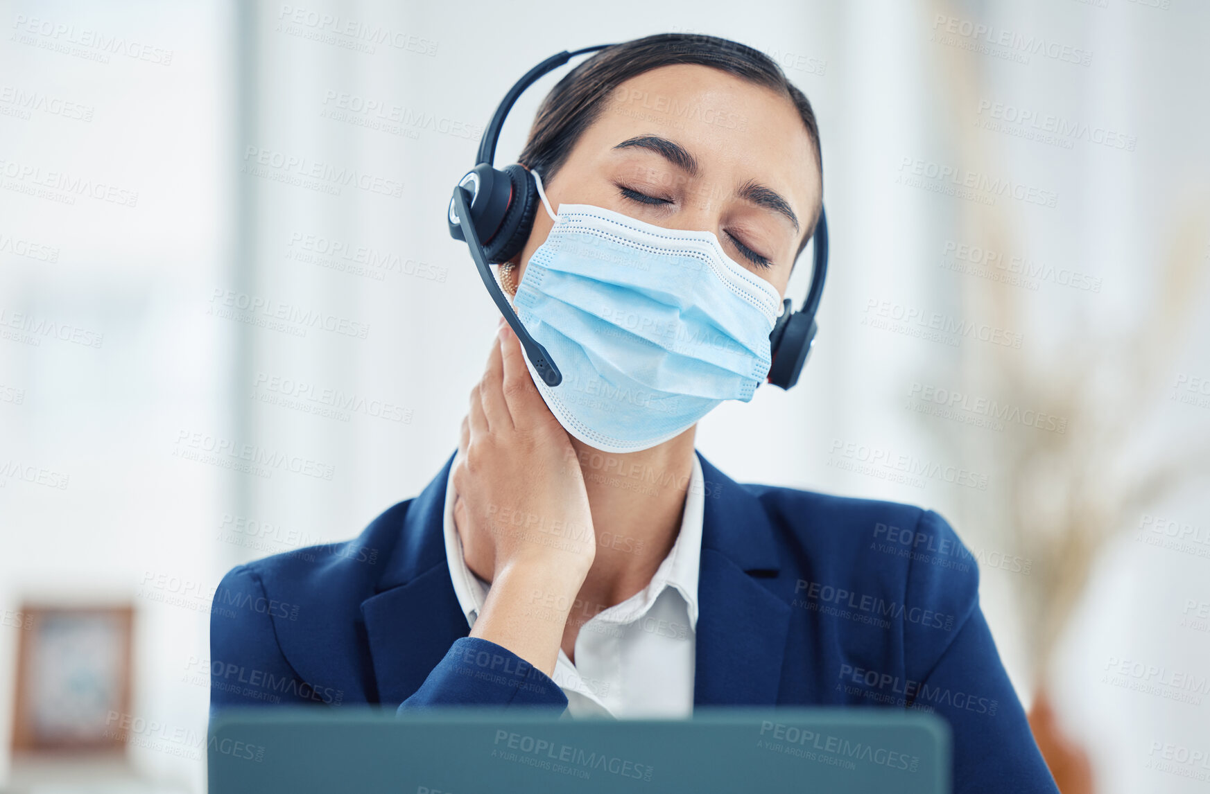 Buy stock photo Covid, neck pain and call center customer support consultant tired, stressed and burnout while working at help desk. Headache, woman and contact agent in medical mask for health risk compliance 