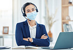 Covid, telemarketing and woman with mask portrait at a corporate work building in the pandemic. Help desk worker at table with medical face protection from coronavirus transmission with staff.