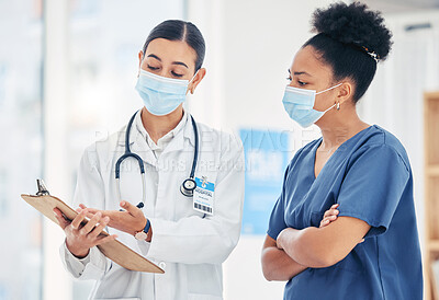 Buy stock photo Doctor, nurse and covid checklist for safety policy with face mask in medical facility, hospital or clinic. Healthcare, communication and results on sick, illness or vaccine medicine research